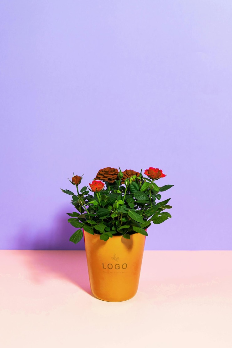 PSD uma rosa em miniatura em vaso com flores vermelhas