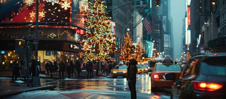 PSD uma rua da cidade lotada com uma árvore de natal iluminada e luzes festivas