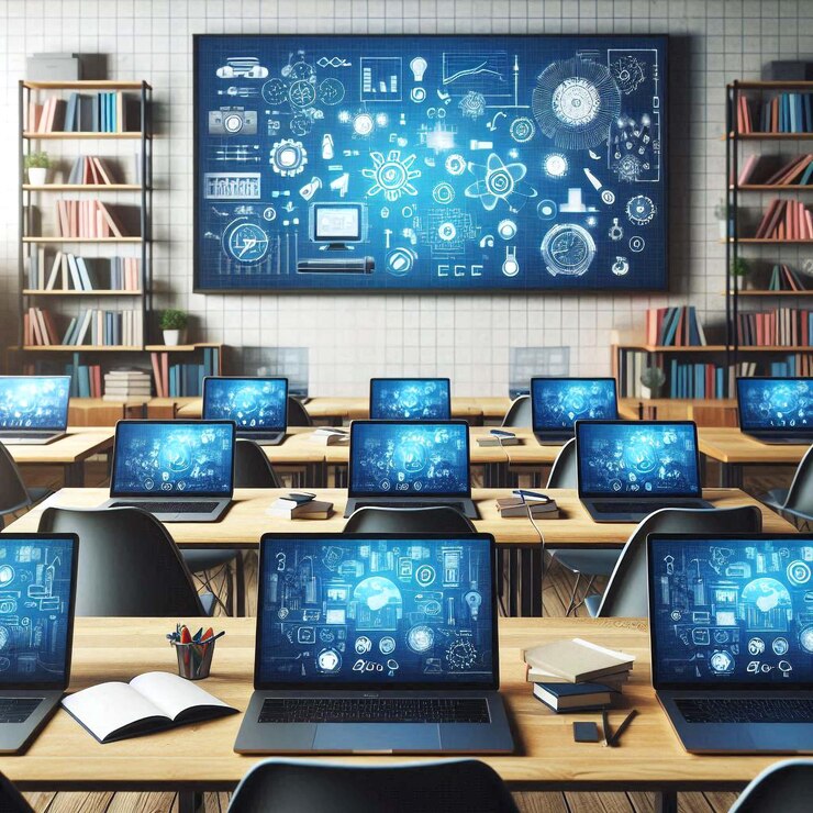 PSD uma sala de aula vazia com muitas mesas e estantes criadas com tecnologia de ia gerativa