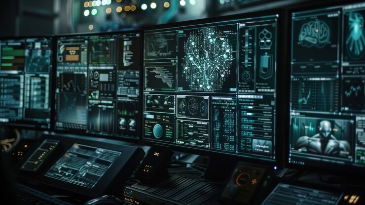 PSD uma sala de controle futurista com vários monitores exibindo vários dados, incluindo uma representação holográfica do cérebro humano