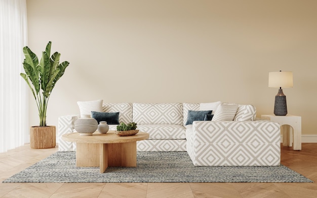 uma sala de estar com um sofá, uma mesa de café e uma planta na mesa