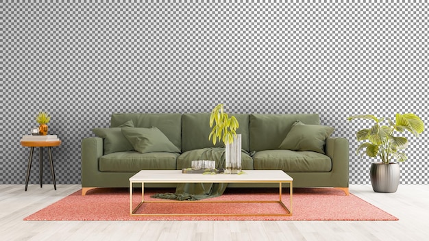 uma sala de estar com um sofá verde e uma mesa de café