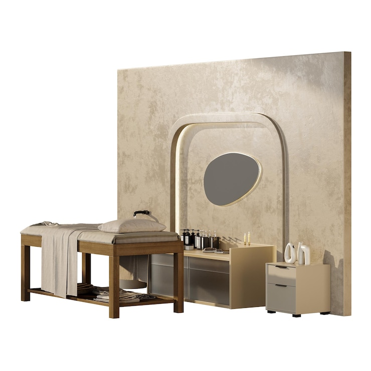 PSD uma sala de spa com uma mesa de madeira e um espelho