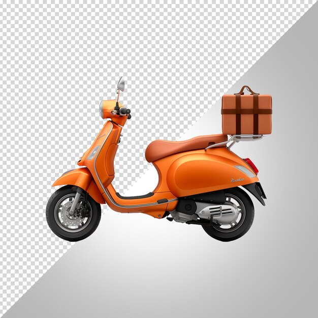 Uma scooter laranja com uma caixa na parte de trás