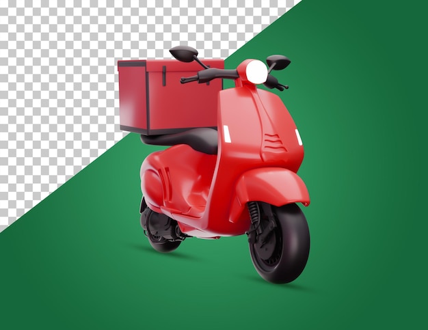 Uma scooter vermelha com uma caixa de entrega na frente.