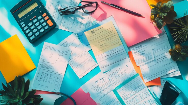 PSD uma secretária cheia de documentos financeiros, papéis e materiais de escritório, banhada pela luz solar natural