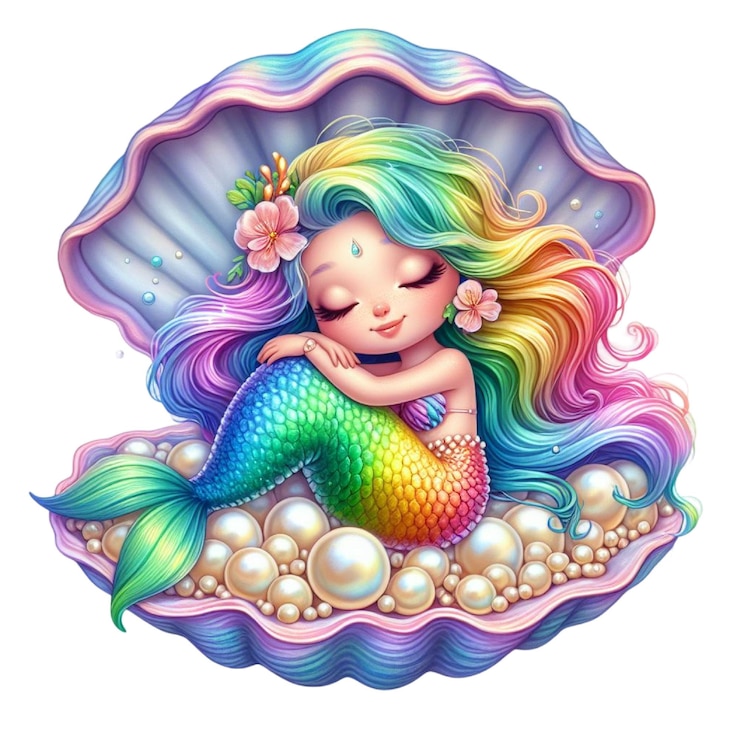 PSD uma sereia colorida com um arco-íris na cabeça