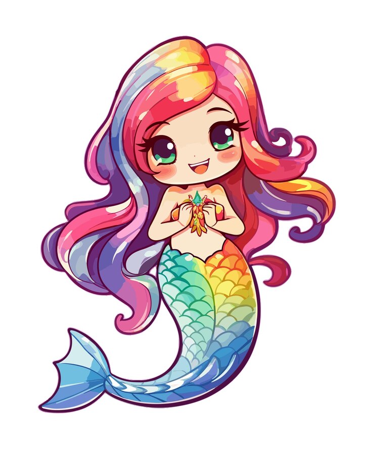 PSD uma sereia com cabelo arco-íris e cabelo arco-íris.