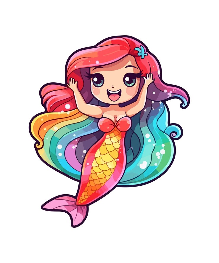 PSD uma sereia com cabelo de arco-íris e uma cauda de arco-íris.