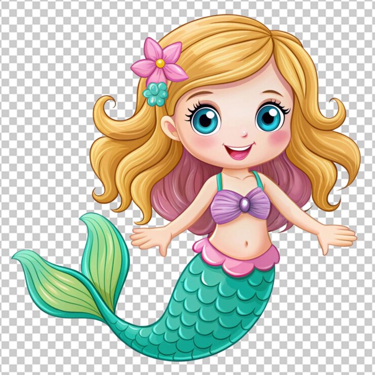 PSD uma sereia de desenho animado com cabelo azul e cauda verde.