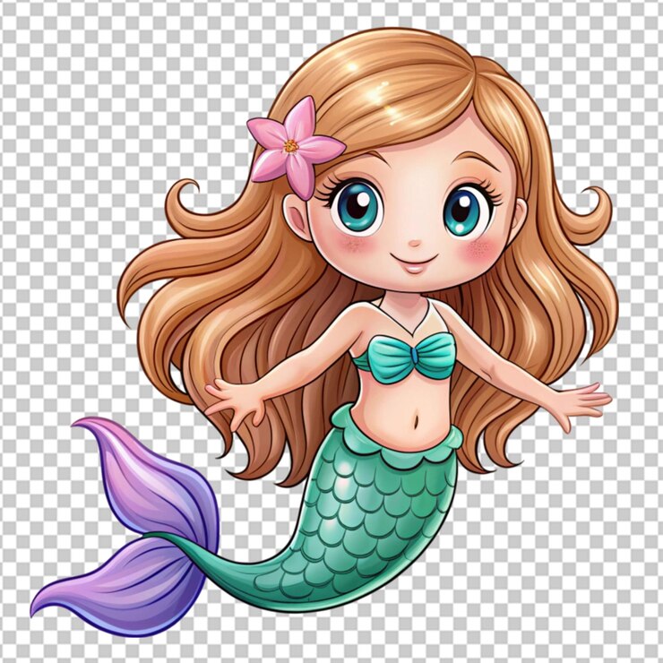 PSD uma sereia de desenho animado com cabelo azul e cauda verde.