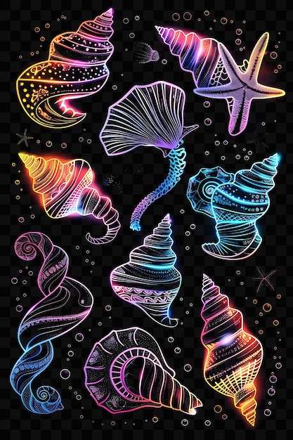 PSD uma série colorida de conchas e luzes com a palavra conchas