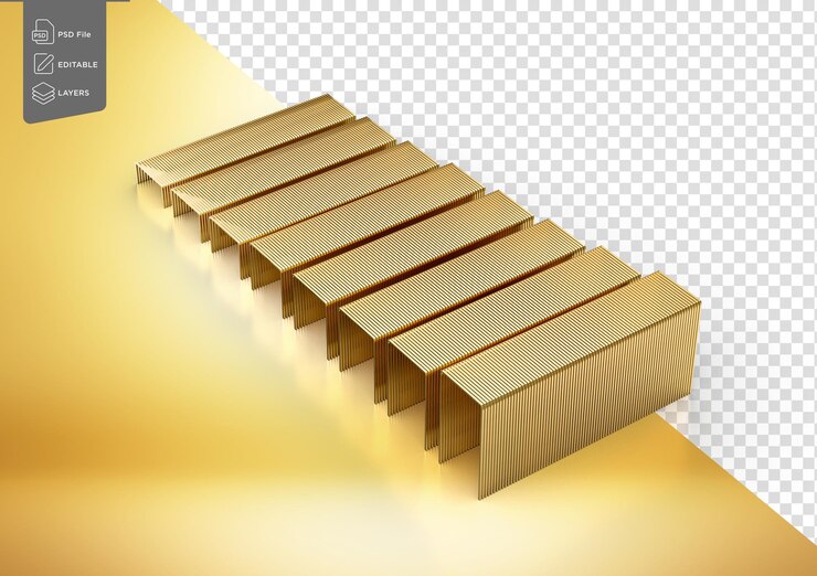 PSD uma série de alfinetes de metal dourados dispostos em fileiras paralelas em fundo branco ilustração 3d