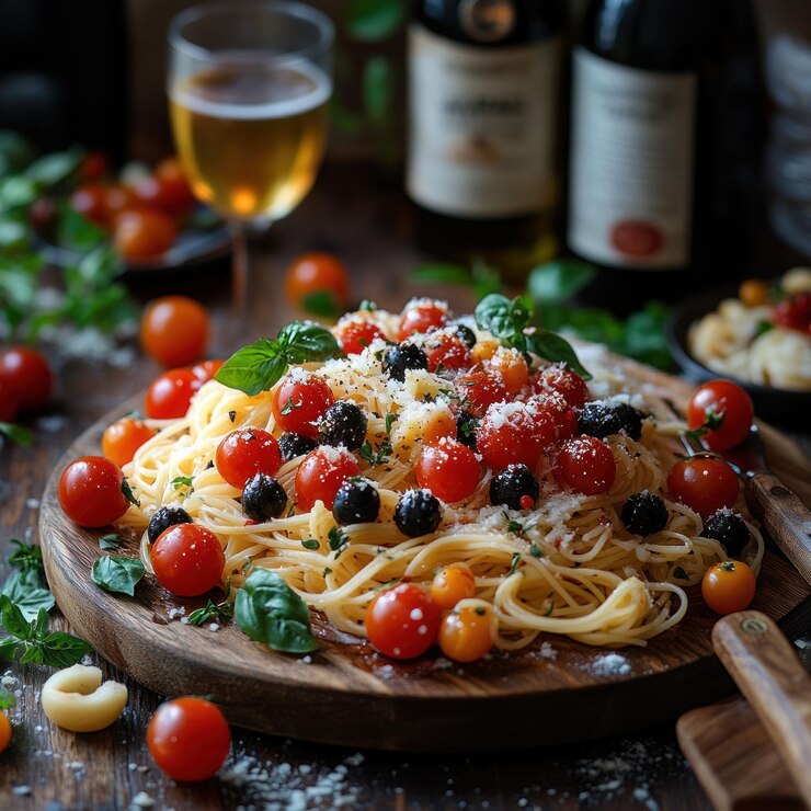 PSD uma tábua de madeira rústica com um prato de espaguete, macarrão, tomate, cereja, azeitonas pretas, queijo parmesão e manjericão fresco