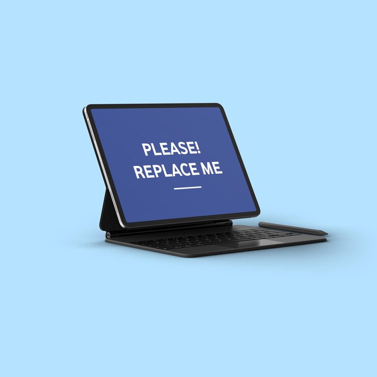 Uma tela de laptop que diz por favor! me substitua nele