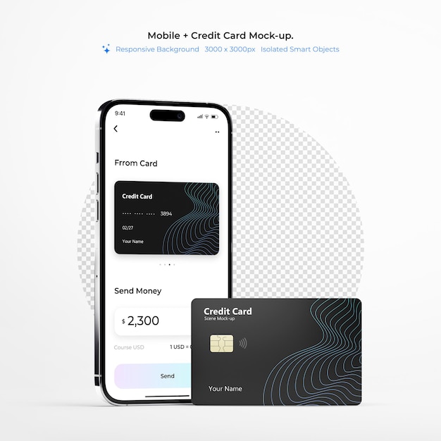 PSD uma tela de telefone com uma maquete de cartão de crédito