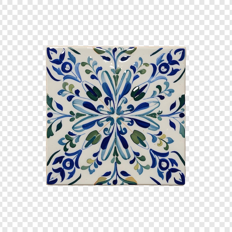 PSD uma telha azul e branca com um padrão de flores e folhas