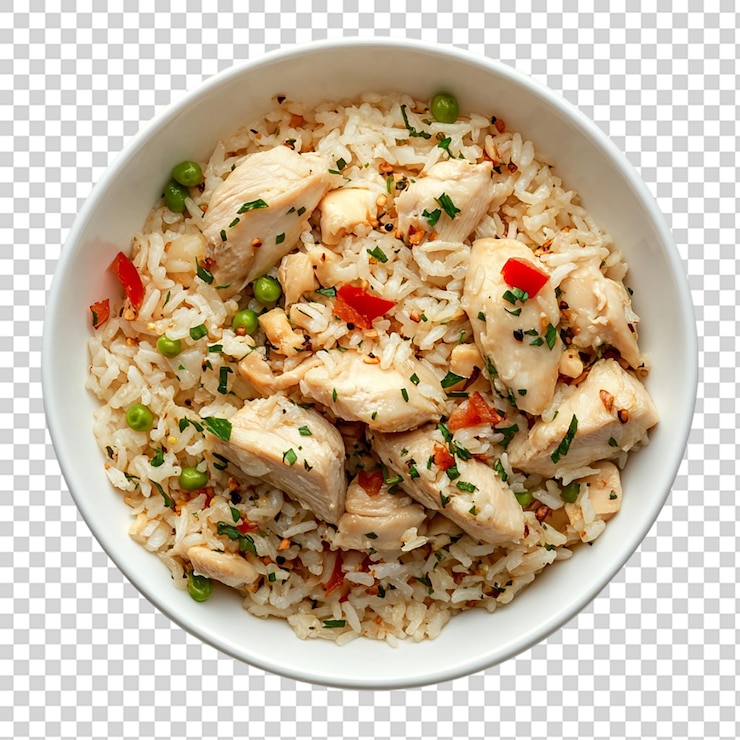 PSD uma tigela branca de arroz de frango isolada sobre um fundo transparente