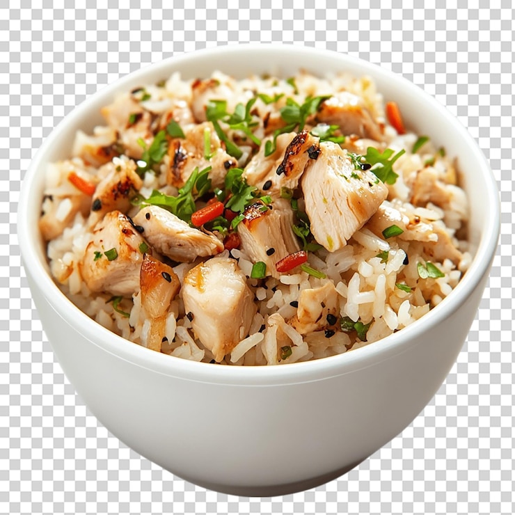 PSD uma tigela branca de arroz de frango isolada sobre um fundo transparente