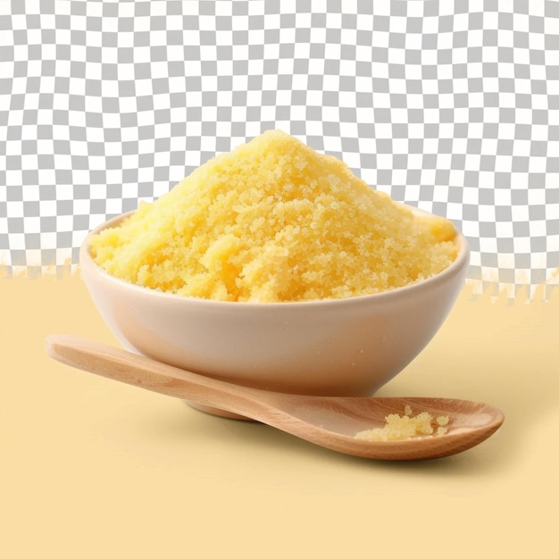 PSD uma tigela de arroz amarelo com uma colher no fundo