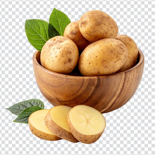 uma tigela de batatas com uma folha verde em um fundo transparente