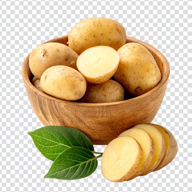 uma tigela de batatas com uma folha verde em um fundo transparente