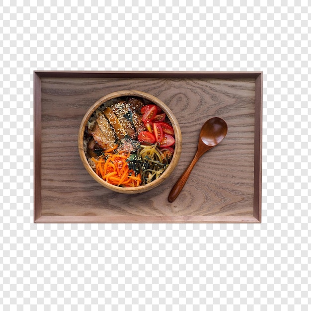 uma tigela de comida com uma colher e uma colher em um fundo branco