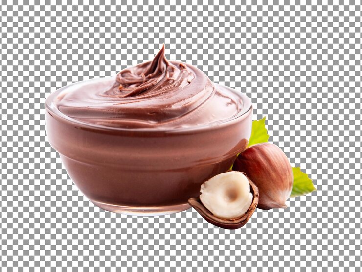 PSD uma tigela de creme de chocolate com avelãs isoladas em fundo transparente