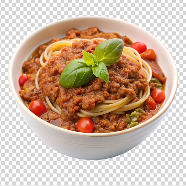 PSD uma tigela de espaguete com molho e folha de manjericão em fundo transparente