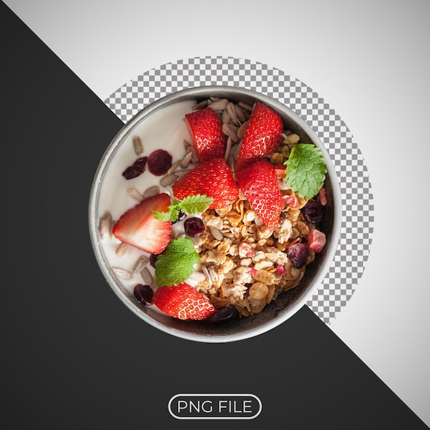 Uma tigela de frutas e granola com uma tigela de morangos
