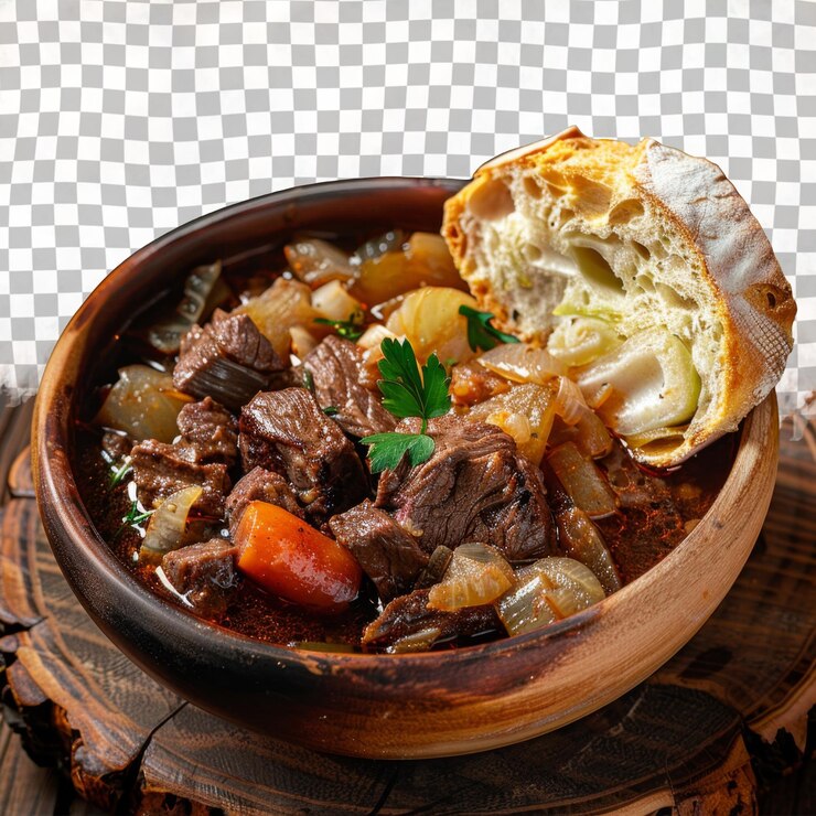 PSD uma tigela de guisado de carne com um pedaço de pão em uma mesa