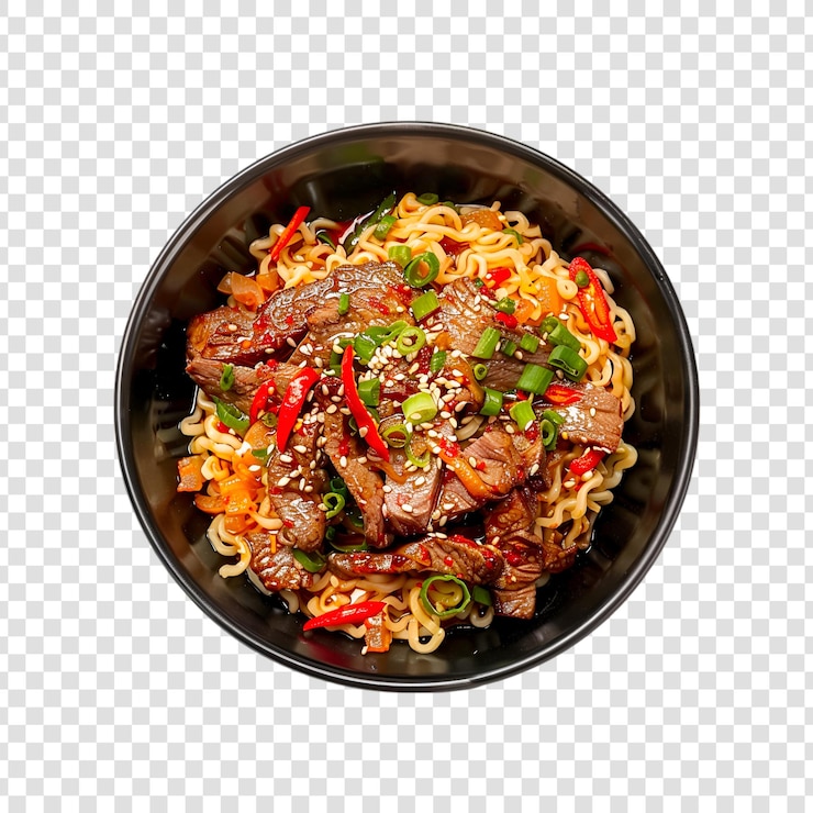 PSD uma tigela de macarrão com carne e vegetais em um fundo transparente