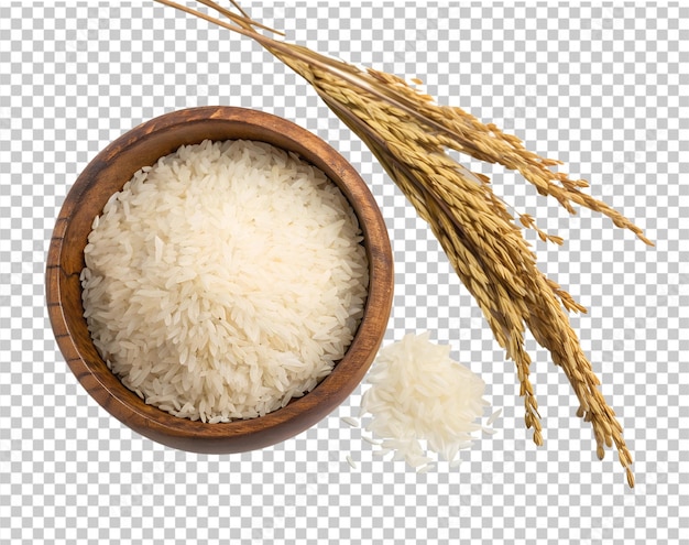 Uma tigela de madeira de arroz e uma tigela de madeira com um pedaço de arroz isolado em Png transparente