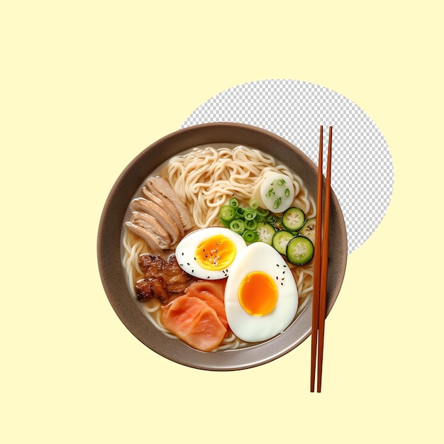 Uma tigela de ramen com ovo frito e pauzinhos