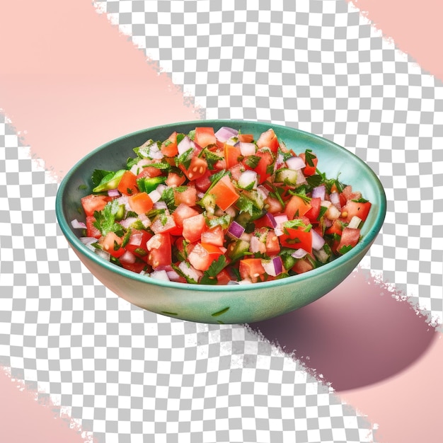 PSD uma tigela de salsa com tomates pimentas cebolas e coentro em um transparente