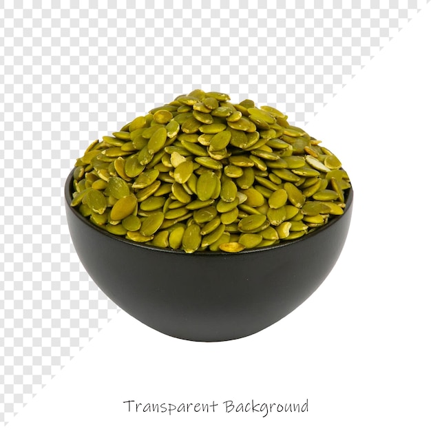 uma tigela de sementes com uma tigela preta com um fundo branco