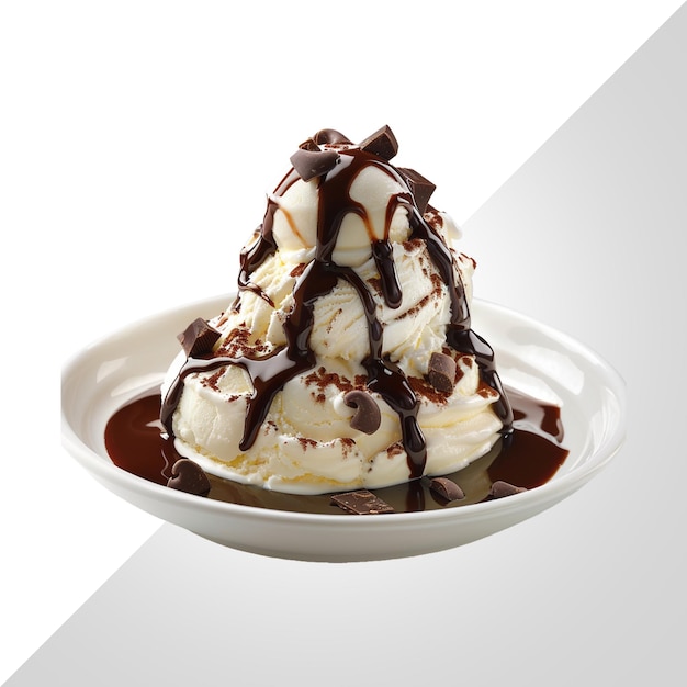 uma tigela de sorvete com xarope de chocolate e chuva de chocolate