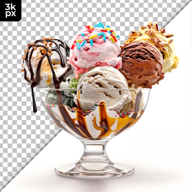 PSD uma tigela de vidro de sorvete com uma imagem de um cone de sorvete nele