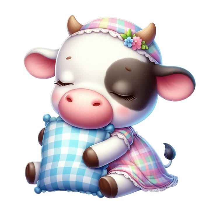 PSD uma vaca com um nariz rosa e um cobertor xadrez azul e branco