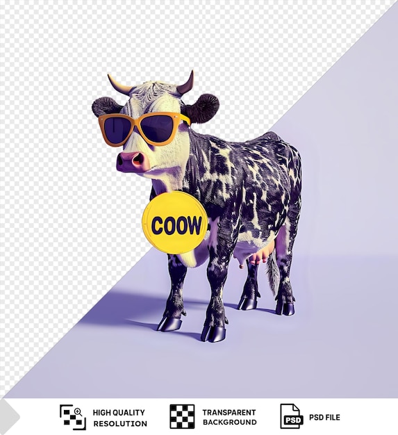 PSD uma vaca incrível usando óculos de sol e um círculo amarelo que diz cowon ele está em frente a um céu azul e branco com uma vaca preta e branca no fundo a vaca tem png psd