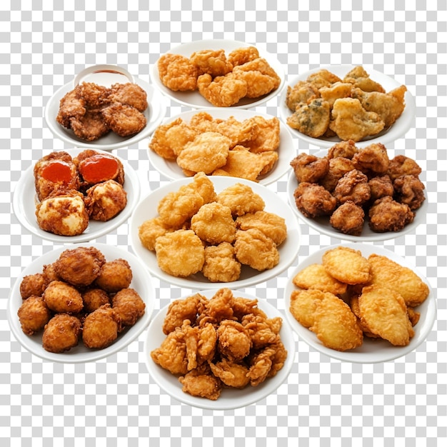 uma variedade de alimentos, incluindo fritos e fritos