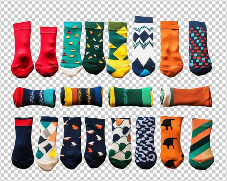 PSD uma variedade de meias de diferentes cores e desenhos cuidadosamente exibidas em um fundo branco