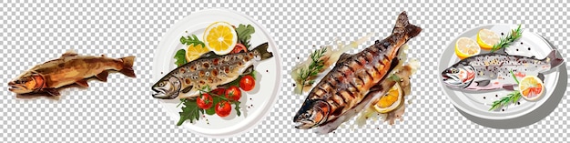 PSD uma variedade de pratos de peixe fresco e grelhado