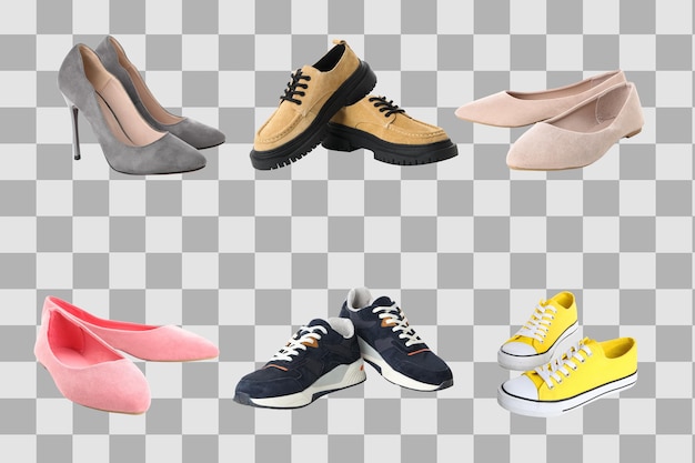 Uma variedade de sapatos são exibidos saltos planos e tênis isolados em PNG branco