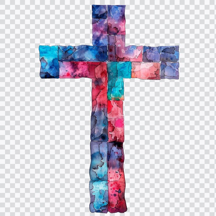 PSD uma vibrante cruz de aquarela com um mosaico de cores ideal para temas religiosos, artísticos ou espirituais