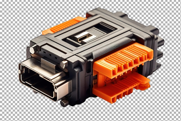 PSD uma visão em close-up de um conector preto e laranja com uma porta usb em um fundo transparente png de superfície branca ou clara