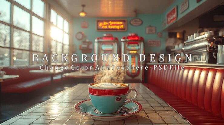 PSD uma xícara de café fumegante senta-se em uma mesa em um restaurante retro evocando