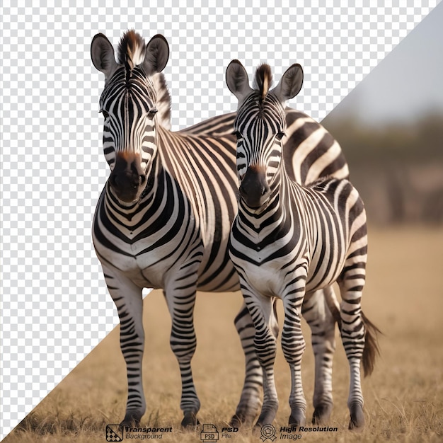 Uma zebra e seu bebê vistos juntos isolados