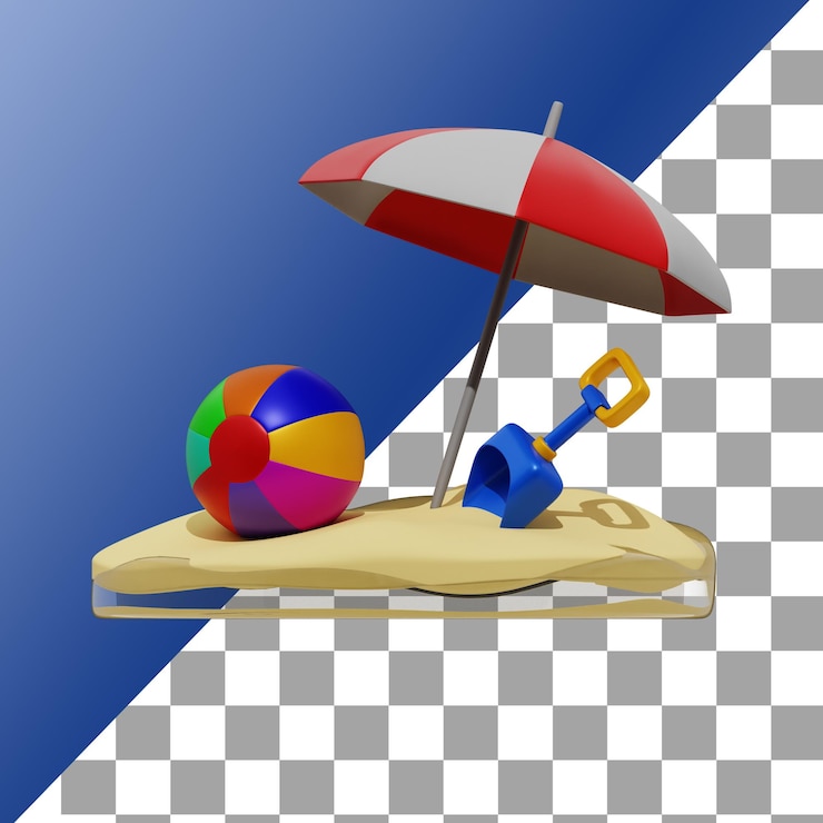 PSD umbrella de bola de playa y ilustración en 3d de arena