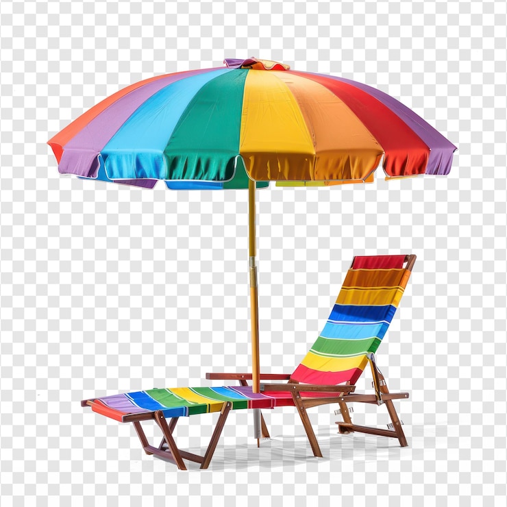 PSD umbrella de playa colorida con silla de sol de vista lateral de toda la longitud en fondo transparente psd